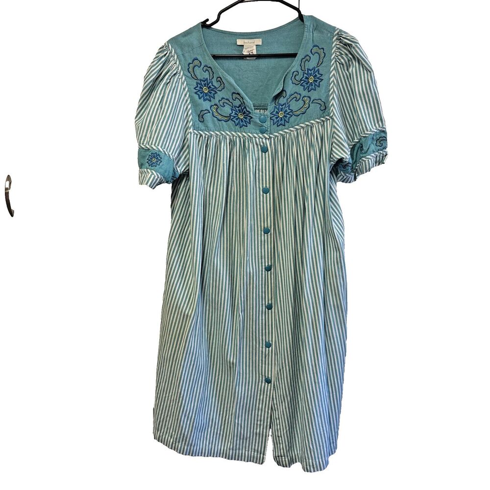 Bechamel Teal White Striped Embroidered Cotton House Dress M Pockets Snaps